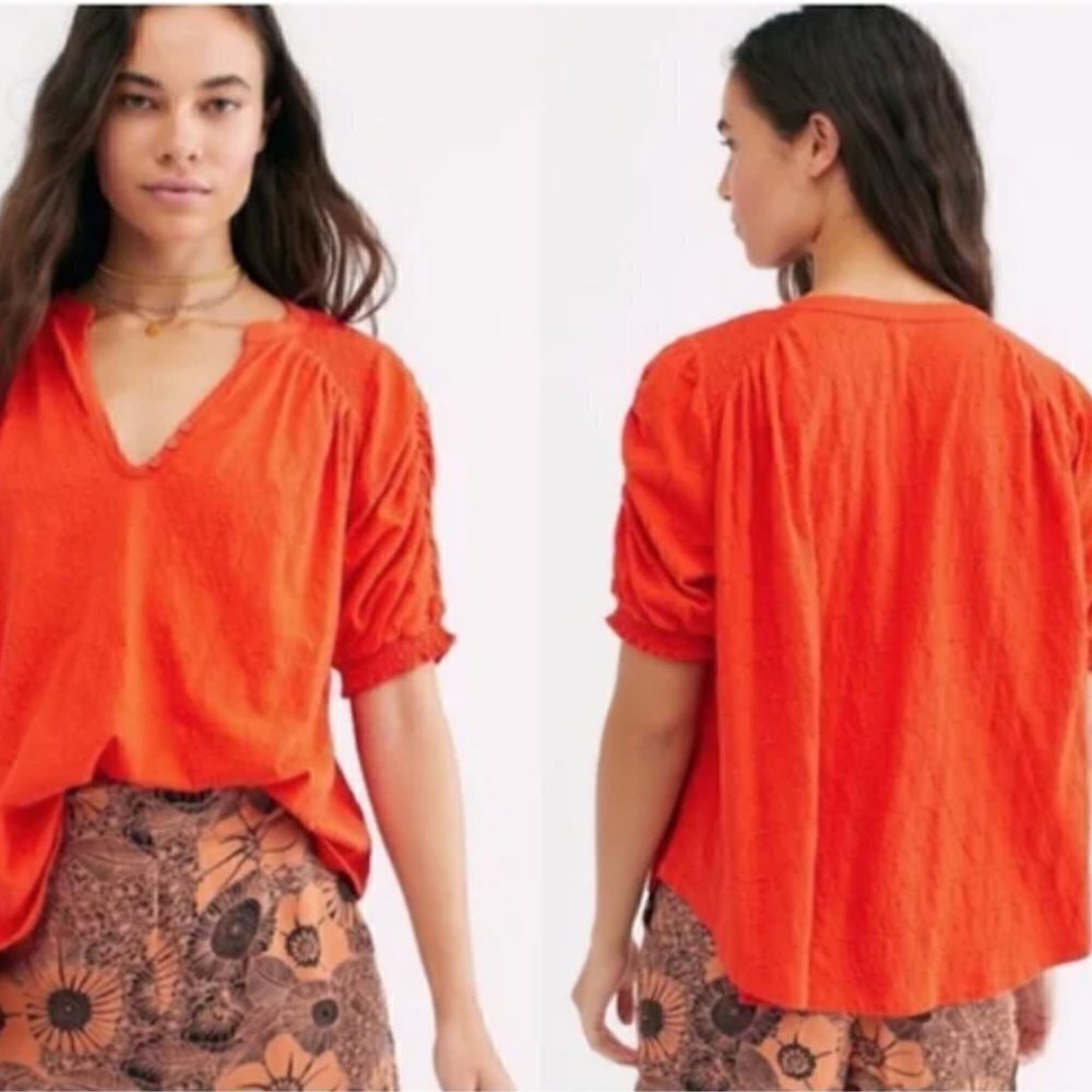 Free people  Fever Dream Oversized Corrugated Smocked Short Sleeve Top S